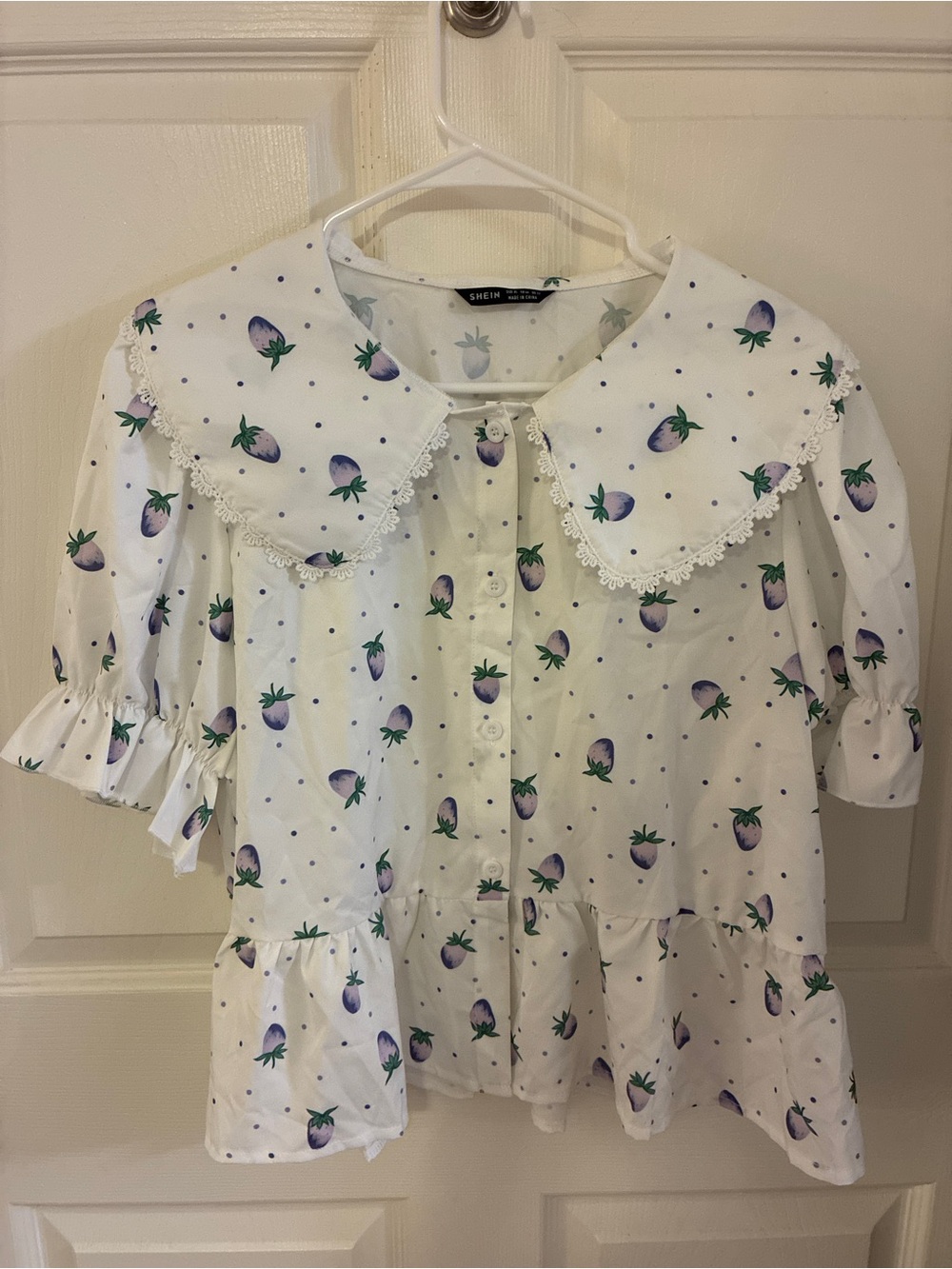 SHEIN White Peplum Button-Down Top with Purple Strawberry Print